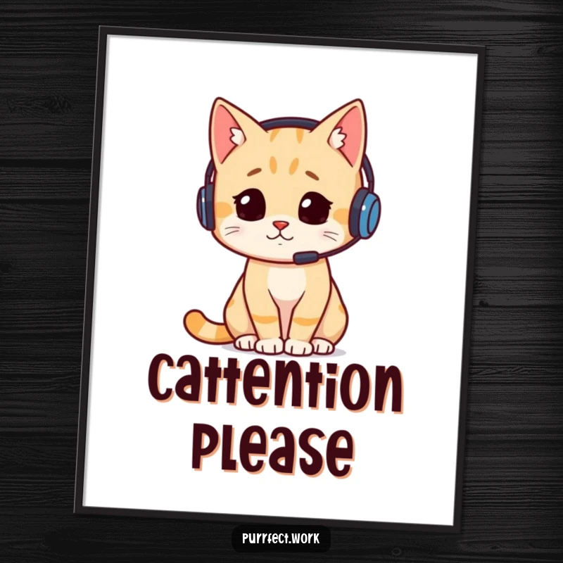 Funny poster showcasing a cat wearing a headset and appearing intensely busy, perfect for adding a humorous touch to any wall space.