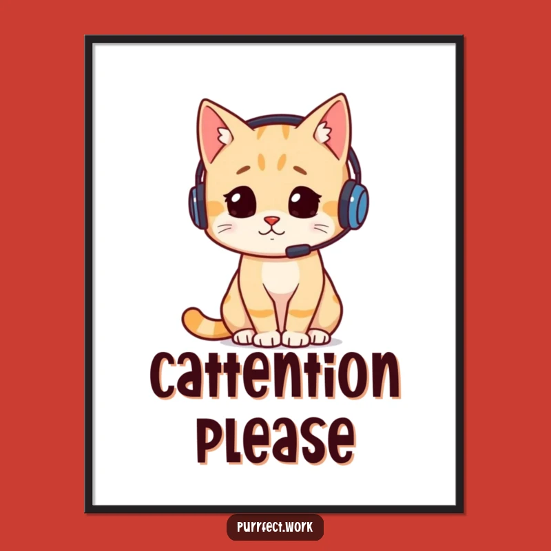 Funny Busy Cat Headset Poster: Wall Art for a Hilarious Home Office Vibe