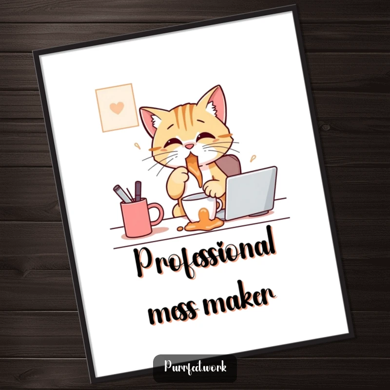 Funny poster print of a cat at a desk, comically spilling a cup of coffee, illustrating kitchen or office mishap humor.
