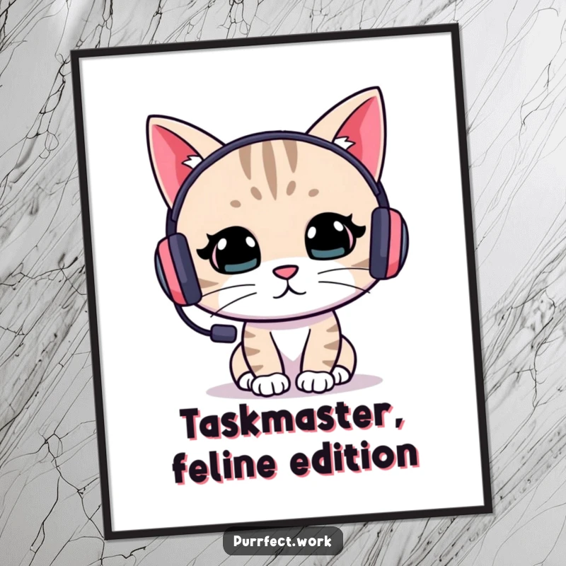 Funny cat gamer poster showing a concentrated cat with a headset, embodying intense focus and dedication to tasks, perfect for gaming rooms.