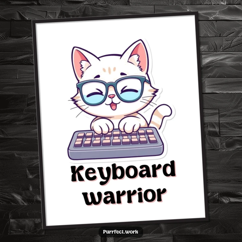 Funny poster illustration of a cat wearing glasses, typing with intense enthusiasm on a keyboard, celebrating the joy of learning and technology.