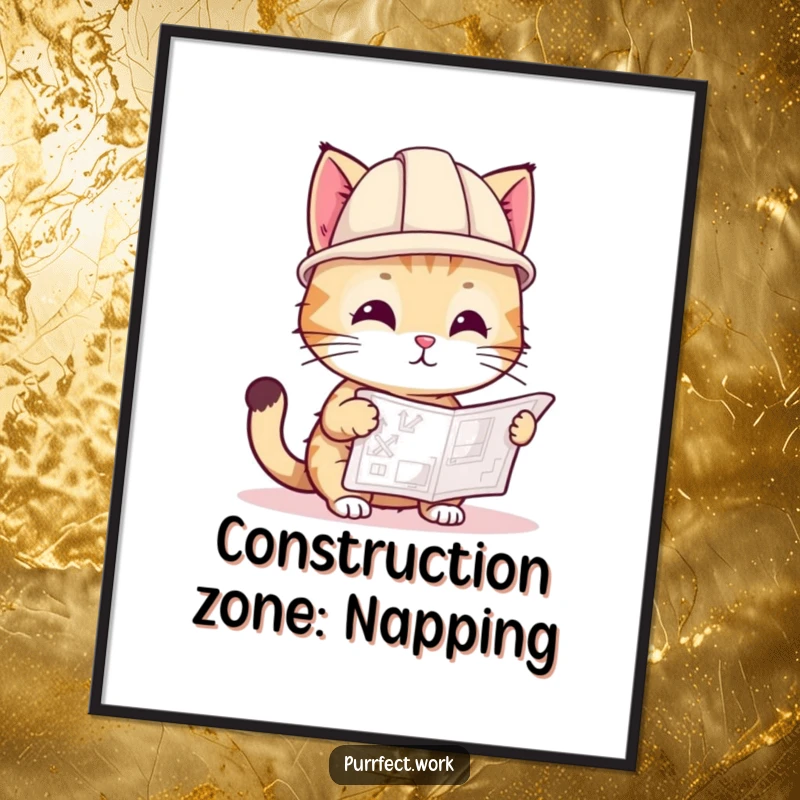 Funny poster art of a playful cat wearing a hard hat, examining a blueprint, inspiring creativity and construction.