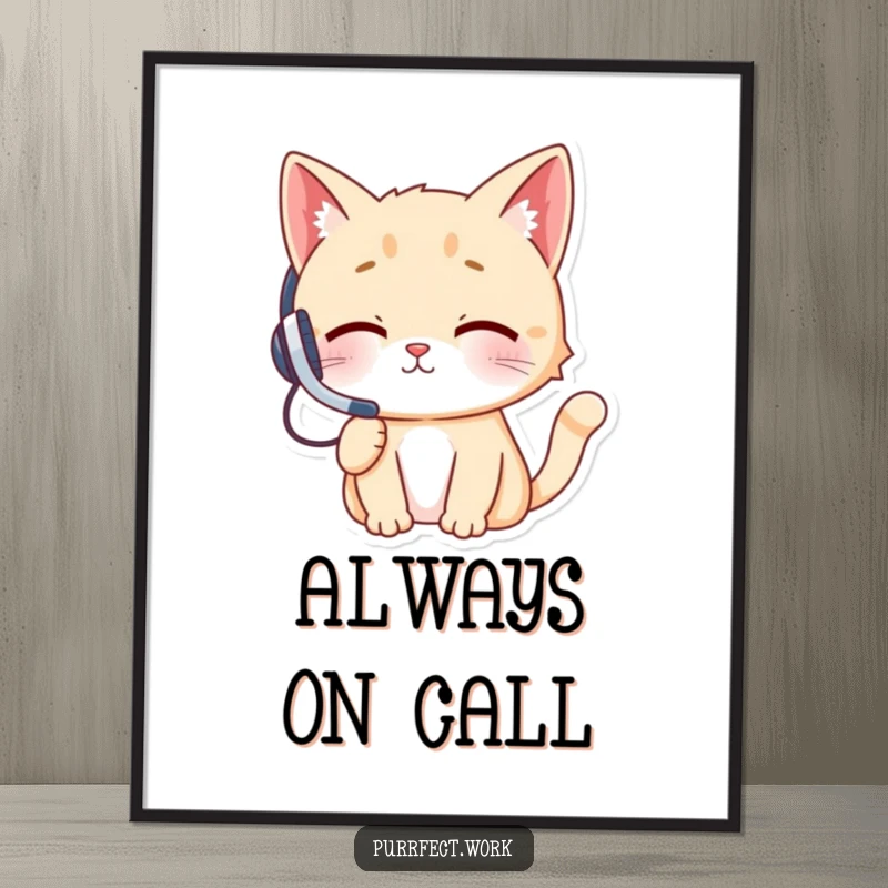 Funny cat character wearing a headset, engrossed in a phone conversation with a determined expression, perfect for office or home decor.