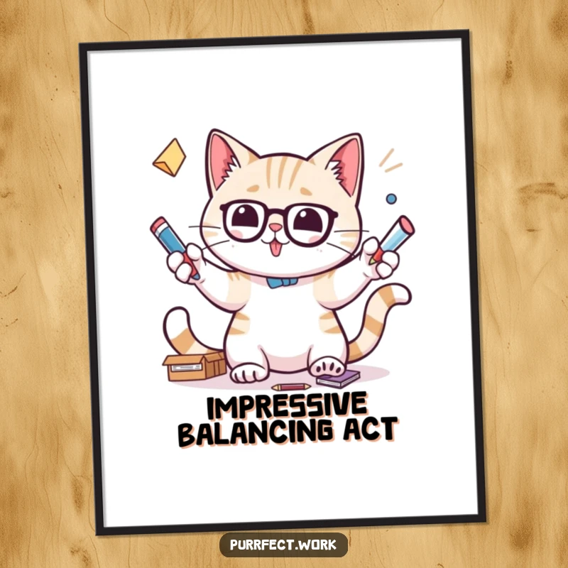 Funny poster of a cat intently juggling office supplies like pens and scissors, showcasing focus and skill.