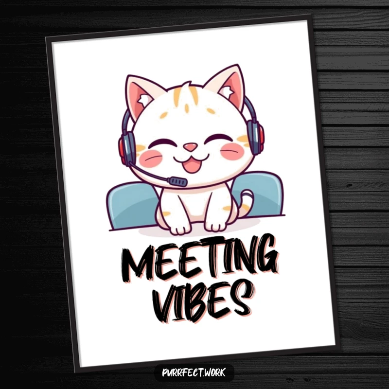 Funny poster of a grinning cat wearing a headset, actively participating in a meeting, perfect for office decor.
