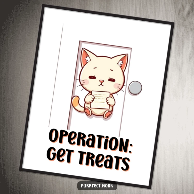 Funny poster art of a mischievous cat slipping a tiny memo under an office door, adding a touch of playful suspense.