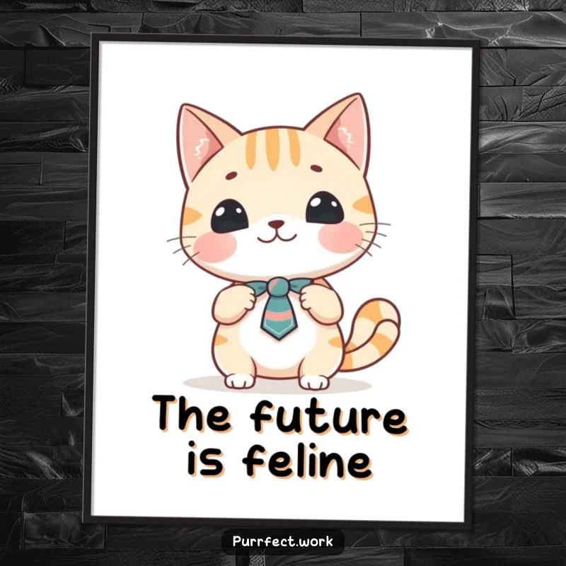 Funny cat presentation poster featuring a cheerful cat character in a small tie, confidently presenting with animated gestures.
