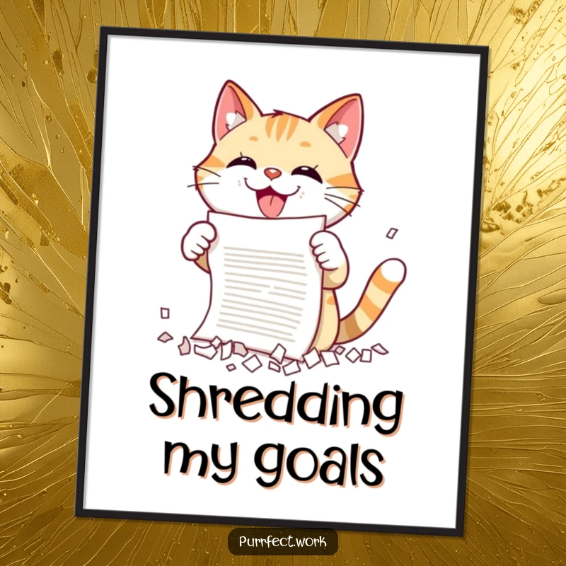 Funny cat shredding poster showing a cat joyfully shredding a document, embodying playful destruction and office humor, perfect for unique wall art.