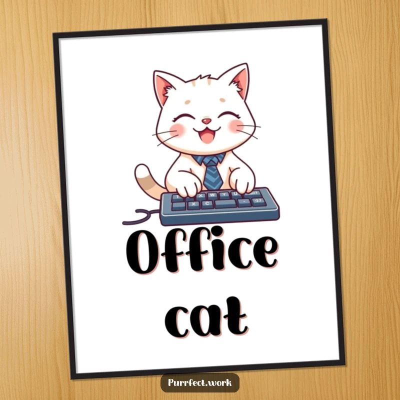 Funny poster featuring a smiling cat character wearing a tiny tie, typing on a keyboard, adding a professional touch.