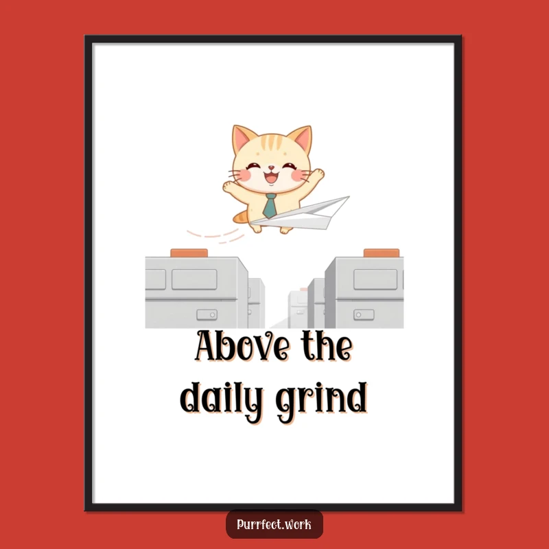 Funny Cat Tie Pilot Poster: Joyful Feline Soaring Over Cubicles, Whimsical Wall Art