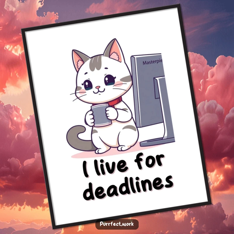 Funny poster print of a cheerful office cat with coffee, attentively looking at a computer monitor, adding humor to any wall.