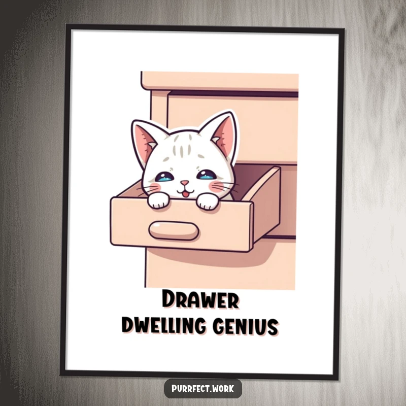 Funny Peek-a-Boo Cat Poster: An artistic print of a curious cat peeking out from a desk drawer.
