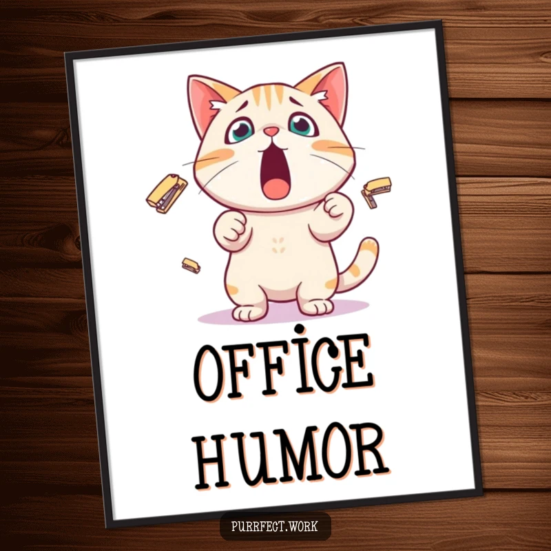 Funny Poster showing a surprised cat character comically juggling tiny staplers, bringing office humor and quirky decor to any space.