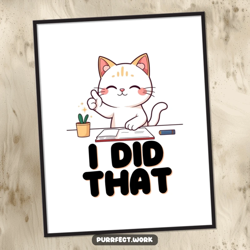 Funny poster of a cat at a desk giving a triumphant thumbs-up, embodying victory and achievement.