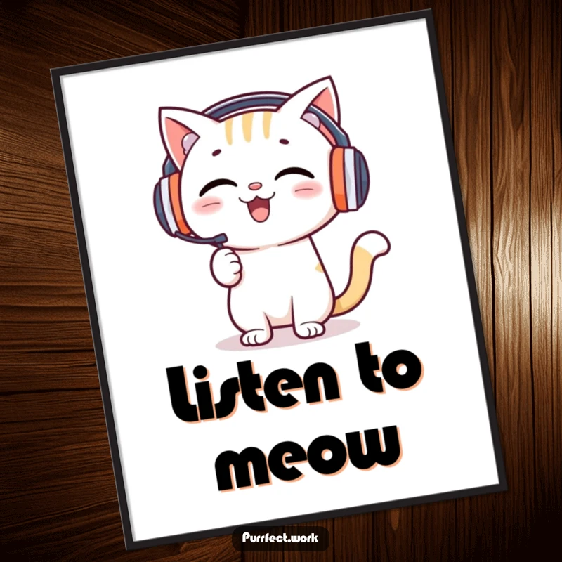 Funny poster print of a happy cat wearing headphones, enthusiastically presenting, adding motivational humor to any wall.