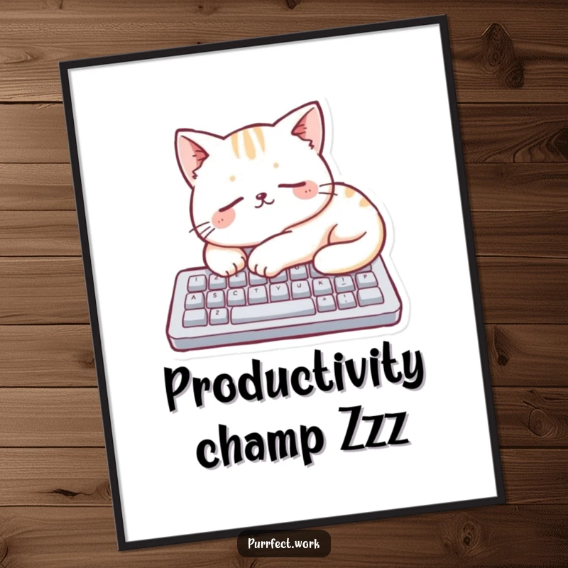Funny cat sleeping deeply on a small keyboard, presented as humorous wall art for a playful office or room.