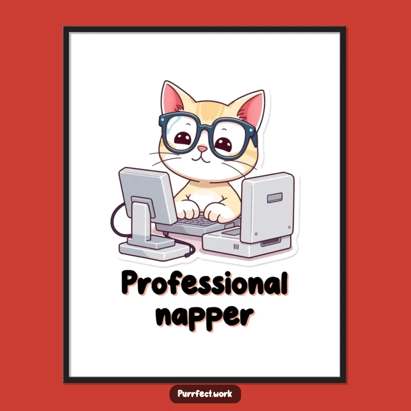 Funny Cat Poster: Adorable Nerd Cat with Glasses Typing on Mini Computer Art