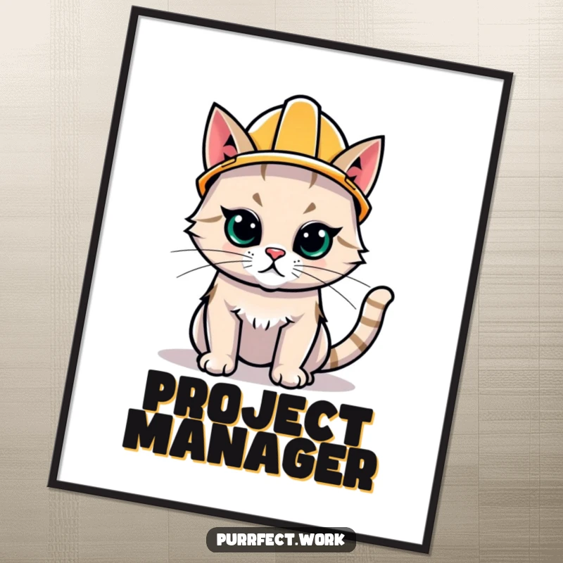Funny Hard Hat Cat Poster: Wall art depicting a serious cat in a hard hat, symbolizing dedication and humor in work.
