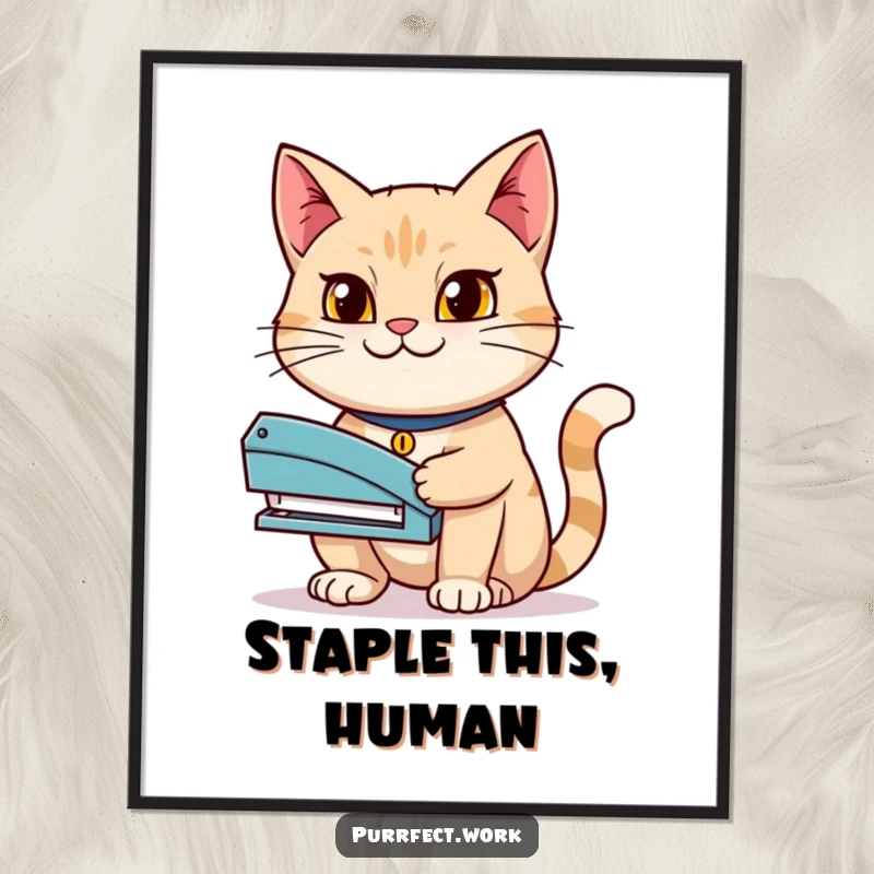 Funny poster illustration of a determined cat holding a stapler with a confident grin, symbolizing ambition and task mastery.