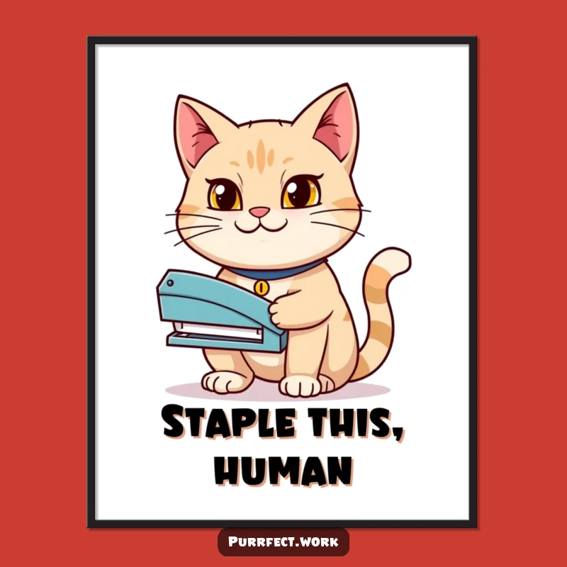 Funny Determined Cat Stapler Poster - Hilarious Wall Art for the Ambitious Feline Lover