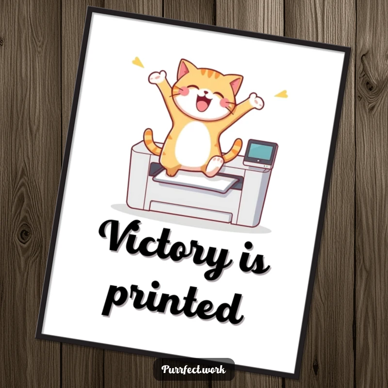 Funny cat making an ecstatic leap over a printer, conveying immense happiness and humorous energy, as a piece of wall art.