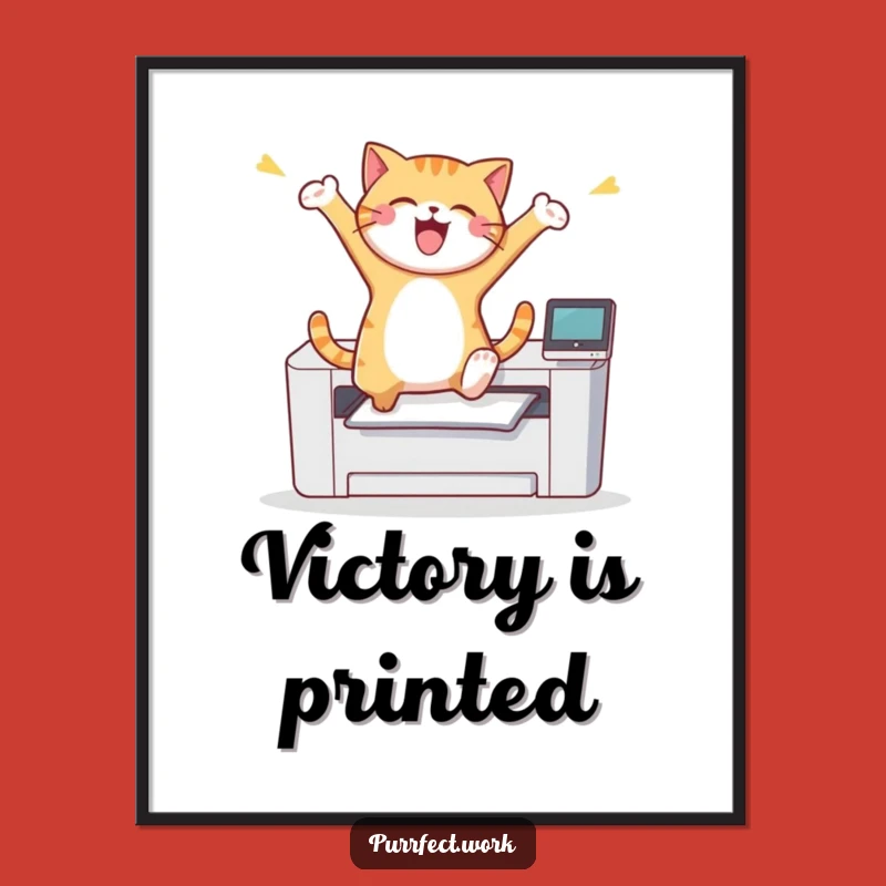 Funny Cat Printer Leap Poster: Joyful Feline's Victory Art, Hilarious Office Decor