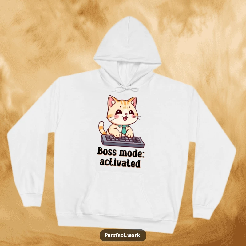 Funny hoodie showing a cat in a smart tie typing furiously on a keyboard, perfect for intense work sessions.