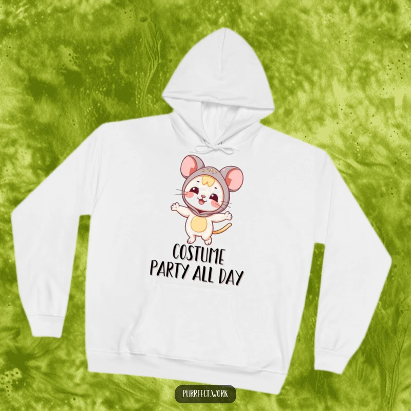 Funny Mouse Cat Hoodie: A hoodie design featuring a cat in a mouse mascot costume, dancing joyfully.