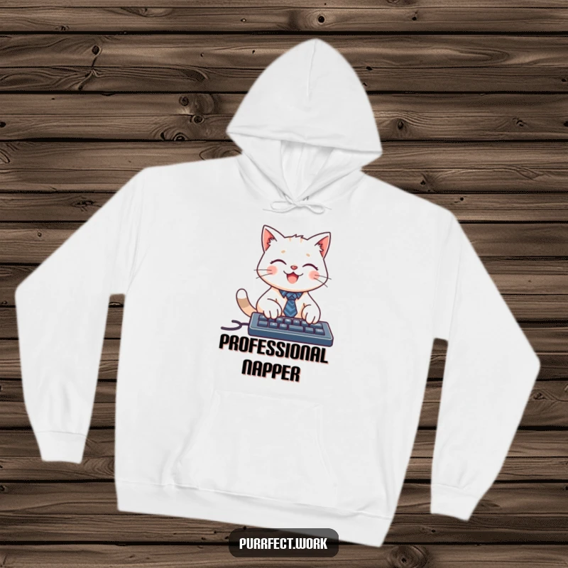 Funny hoodie with a smiling cat character wearing a tiny tie, typing on a keyboard, offering cozy work-from-home comfort.