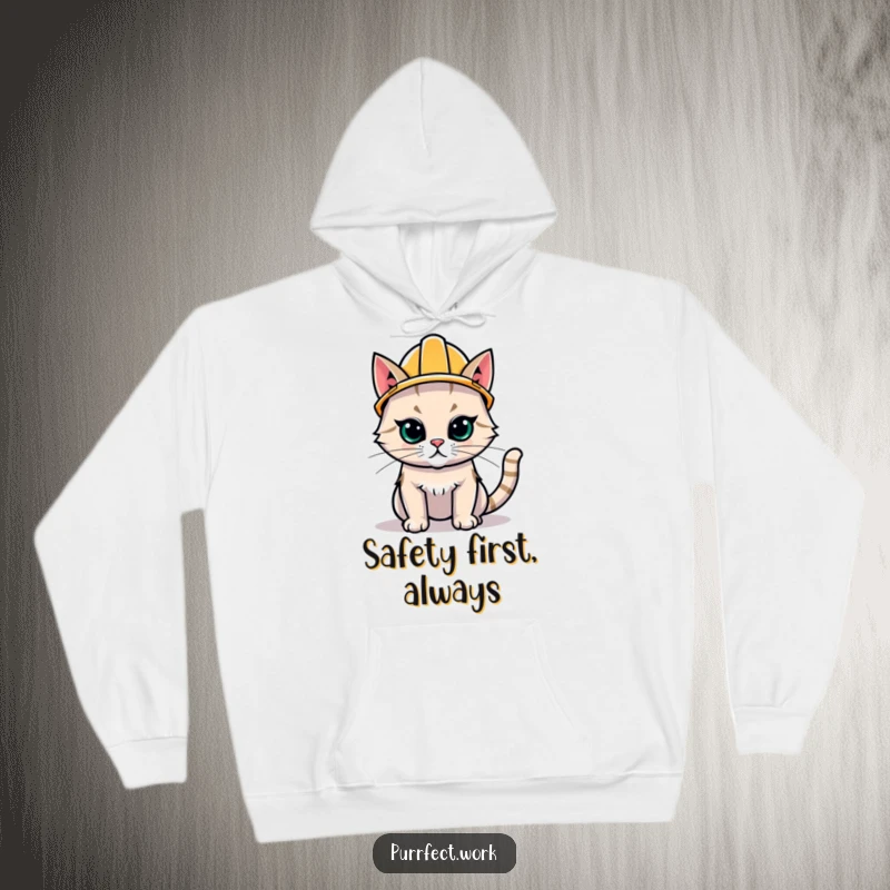 Funny Hard Hat Cat Hoodie: A cozy sweatshirt showcasing a cat wearing a miniature construction hard hat, embodying focused effort.