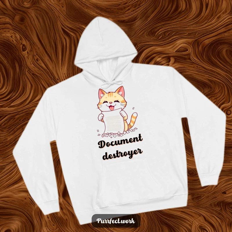 Funny cat shredding hoodie showing a cat joyfully destroying a document, perfect for those who appreciate office humor and stress relief.