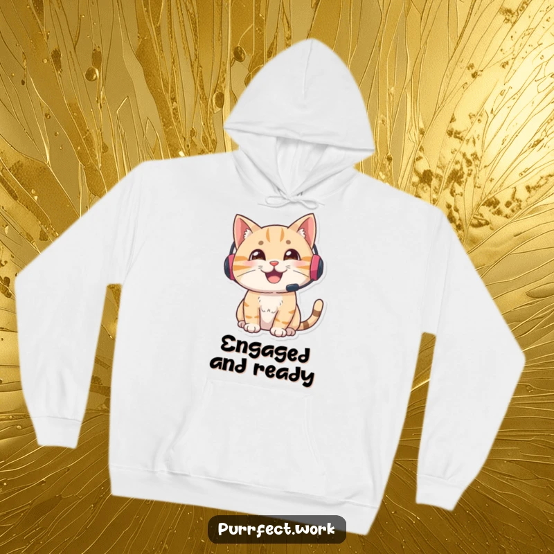 Funny gamer cat hoodie, warm apparel featuring a cat with a headset looking alert and engaged, ideal for gaming enthusiasts.