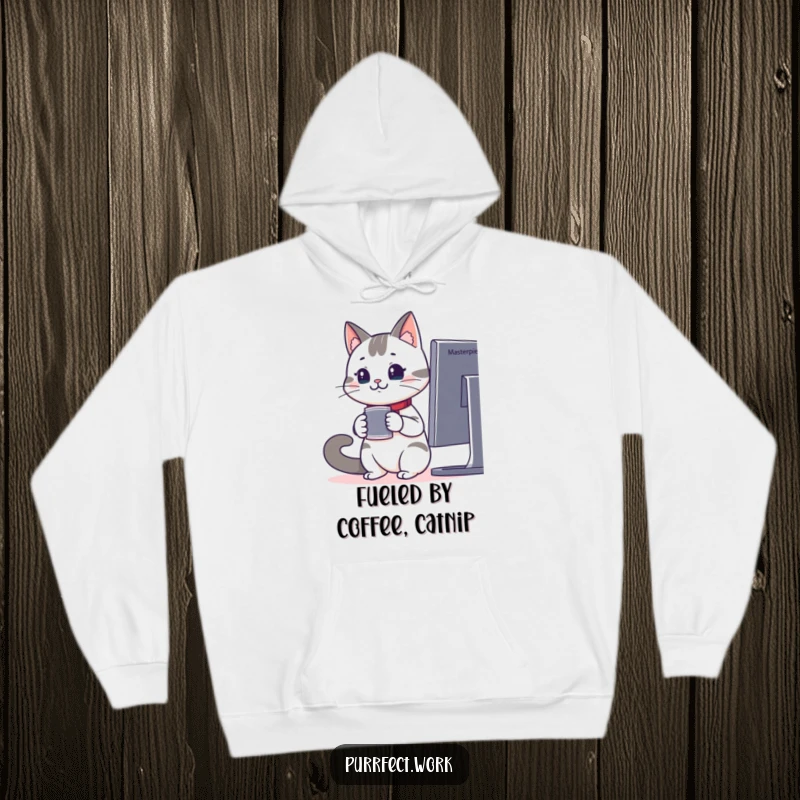 Funny hoodie showcasing a happy office cat with coffee, keenly observing a computer screen, great for cozy work vibes.