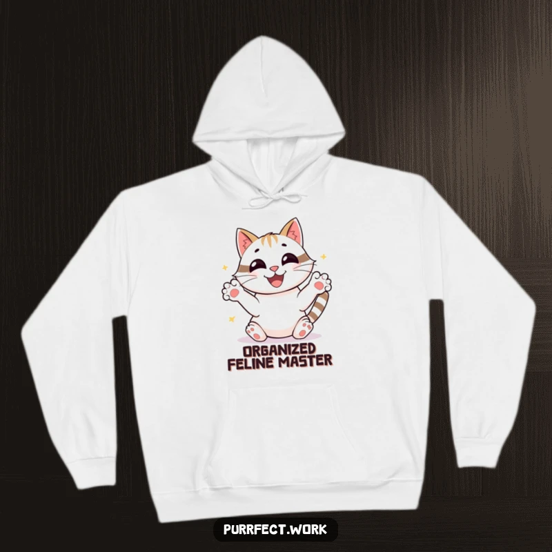 Funny joyful cat sorting papers with frantic paws, beaming, a warm and humorous hoodie for a funny gift.