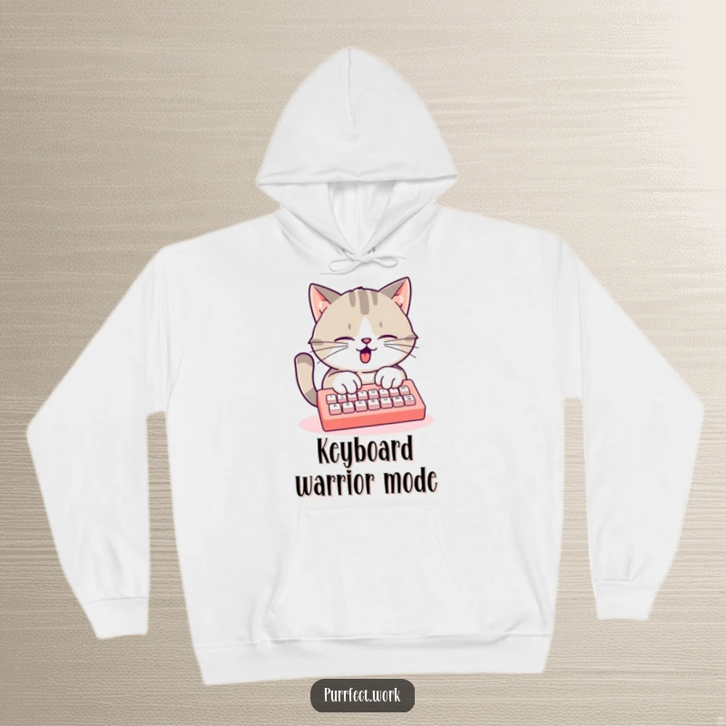 Funny busy cat hoodie, a cat typing furiously on a mini keyboard, warm and perfect for work.