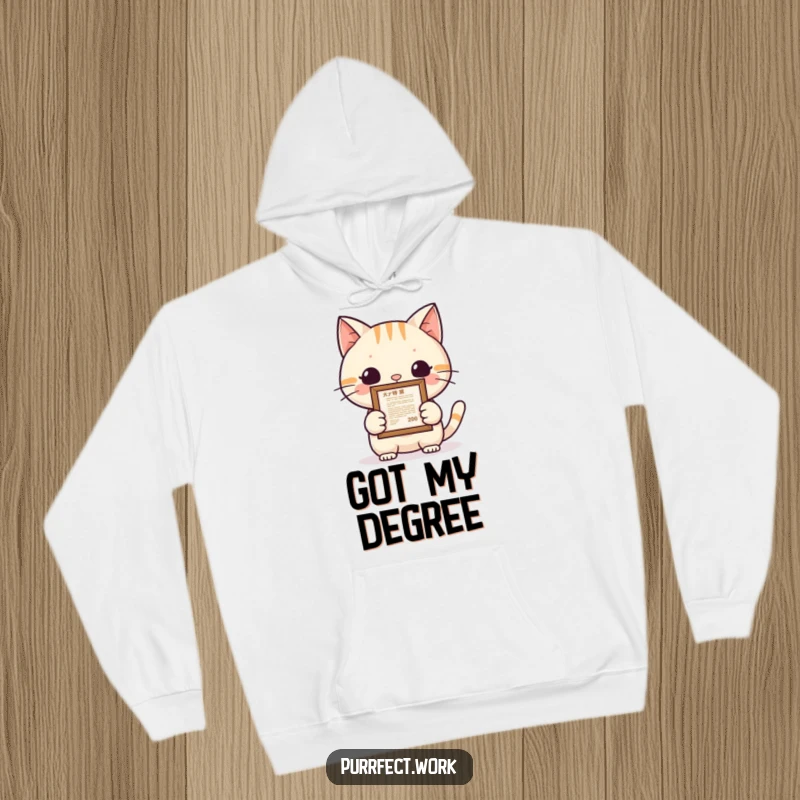 Funny cat achievement hoodie showing a proud cat displaying a framed document, symbolizing comfort, success, and a job well done.