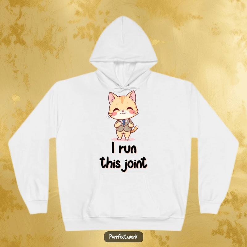Funny hoodie with a smiling cat in a suit, sitting at a desk and crossing legs, offering cozy authority.