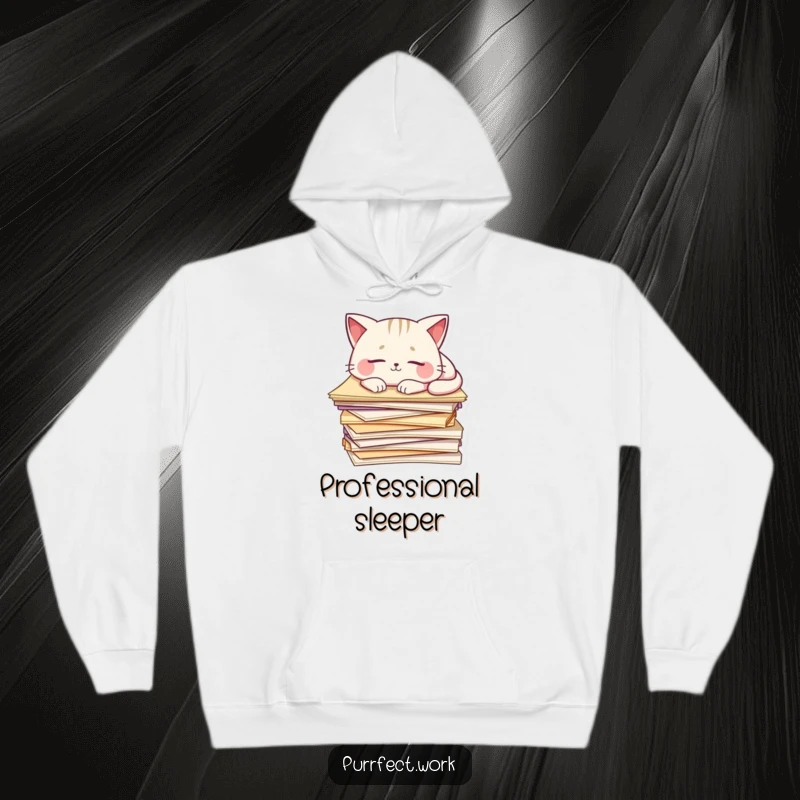 Funny Cat Hoodie: A sleepy cat naps on a mound of papers, offering cozy comfort and humorous relatability.