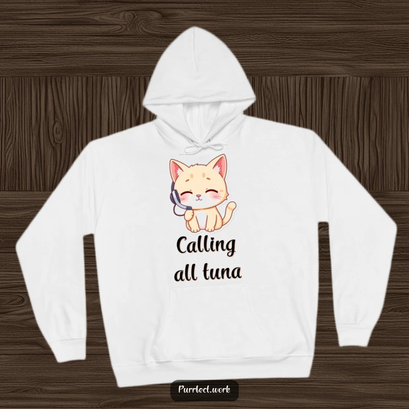 Funny cat with a tiny headset engrossed in a phone conversation, looking important and slightly mischievous, printed on a soft, warm hoodie.