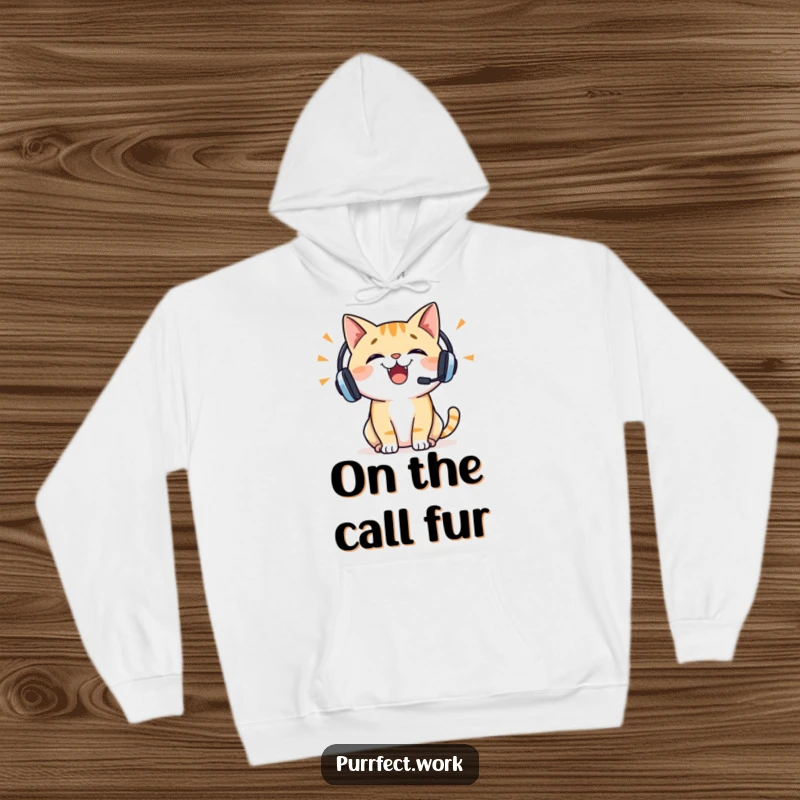Funny cat hoodie depicting a cheerful cat wearing a headset, talking enthusiastically, radiating energy and a love for conversation.