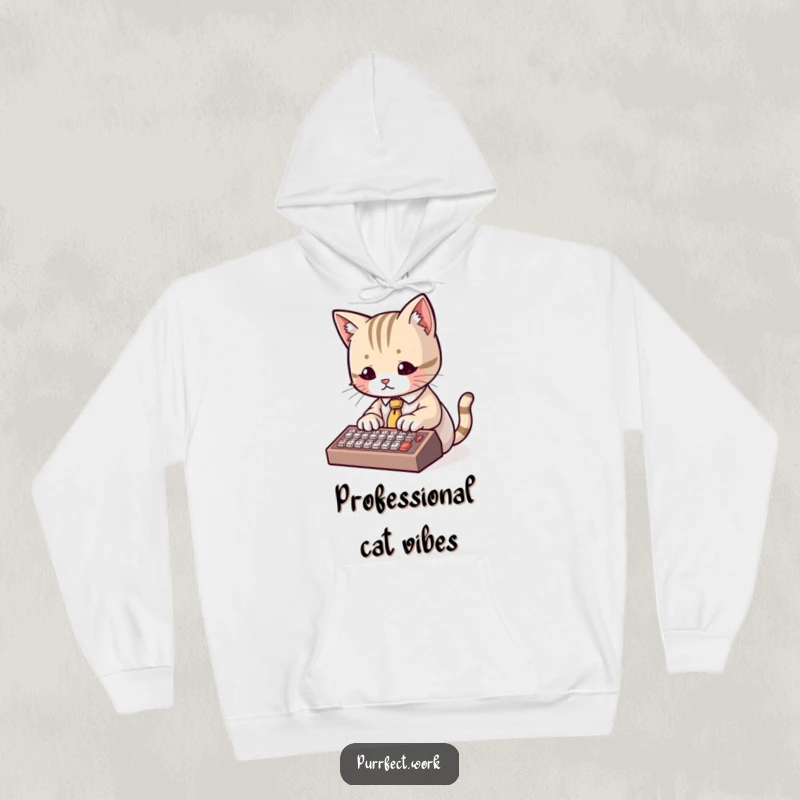 Funny Hoodie showing a cute cat in a tiny tie typing on a miniature keyboard, offering humorous warmth and feline charm.