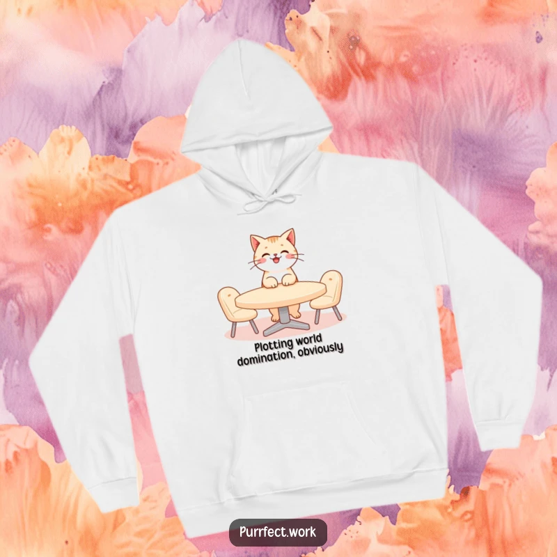 Funny cat meeting hoodie showing a smiling cat character in a tie, looking serious while leading a very small, whimsical office meeting.