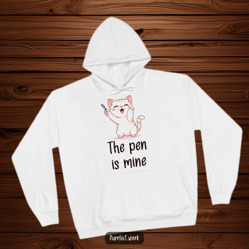 Funny hoodie featuring a cat playfully batting at a dangling pen, embodying youthful energy and feline curiosity.