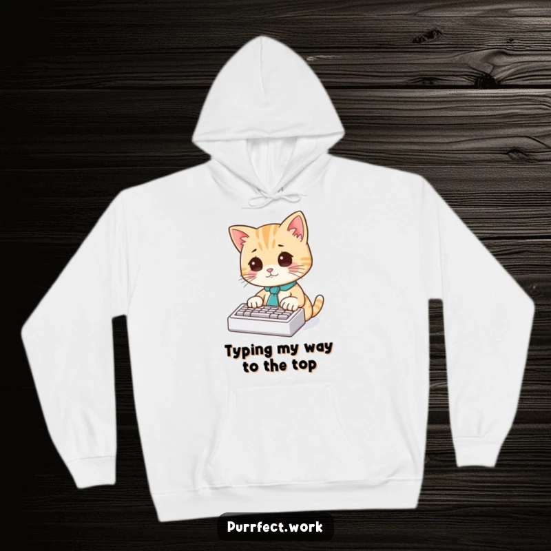 Funny Cat Typist Hoodie: A stylish hoodie showcasing a cat in a tie, intensely typing on a tiny keyboard.