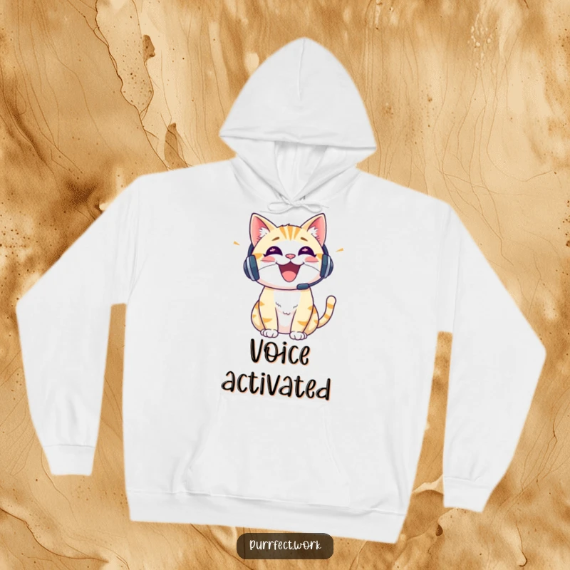 Funny cat wearing a headset, talking animatedly, designed on a warm hoodie, promoting cheerful communication.