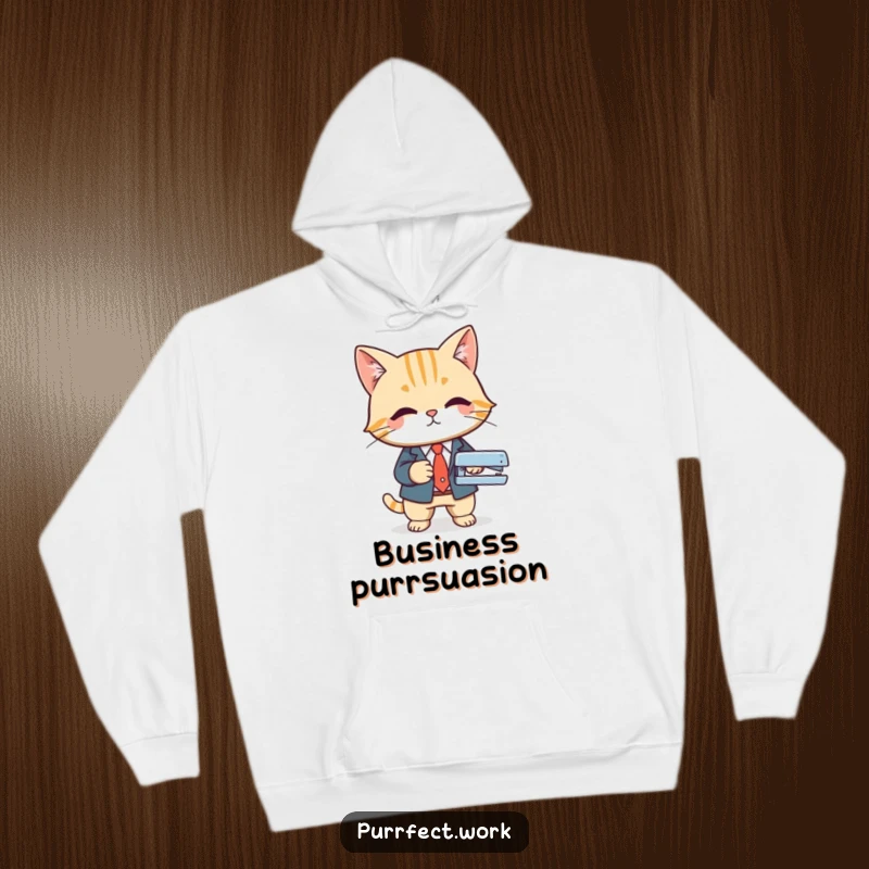 Funny hoodie design of a cat in a business suit, confidently using a stapler, ideal for professional and humorous wear.