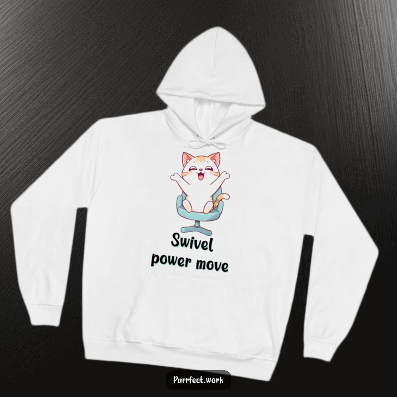 Funny hoodie with a cat bouncing ecstatically on a swivel chair, radiating pure enthusiasm and office-bound, playful chaos.