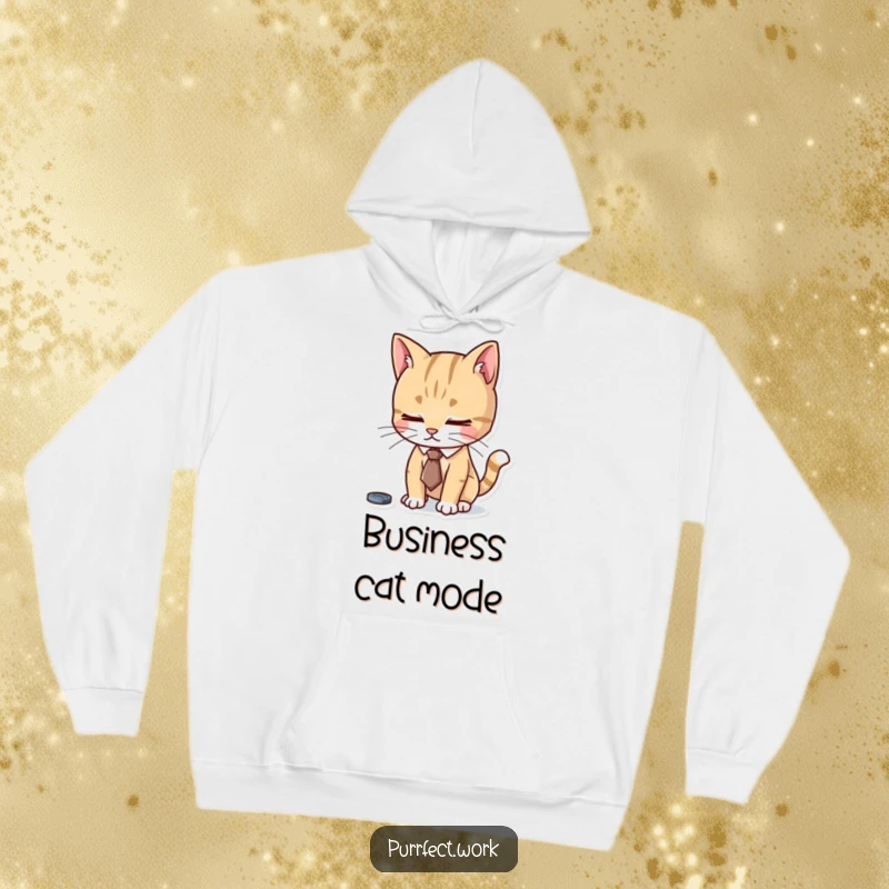 Funny hoodie showcasing a cat wearing a tiny tie, looking diligently focused on a task, blending professionalism with cozy humor.