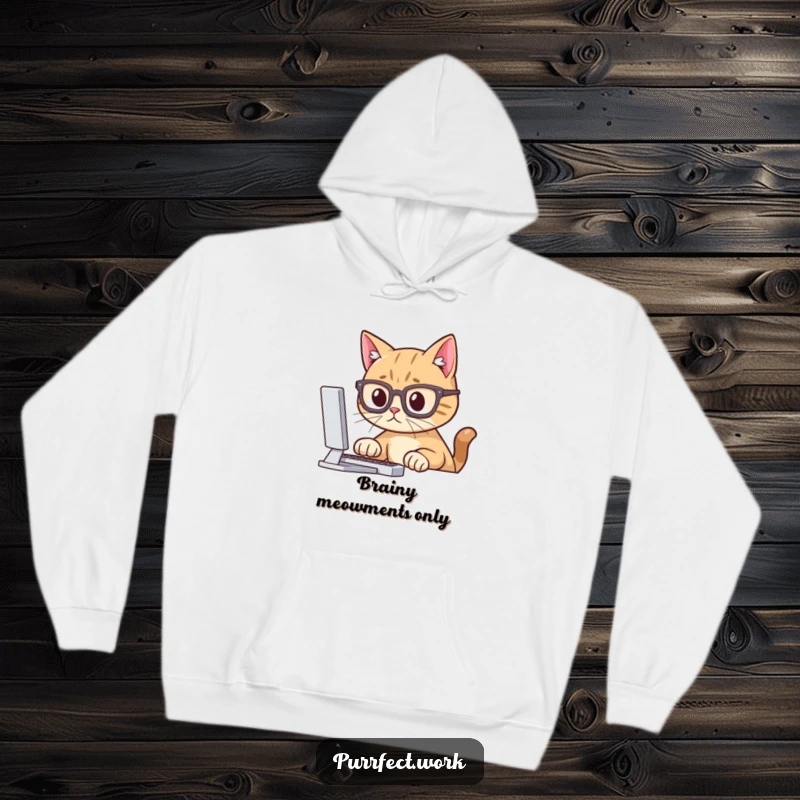 Funny hoodie design of a cat in spectacles, intently focused on a glowing computer screen, perfect for study or tech humor.