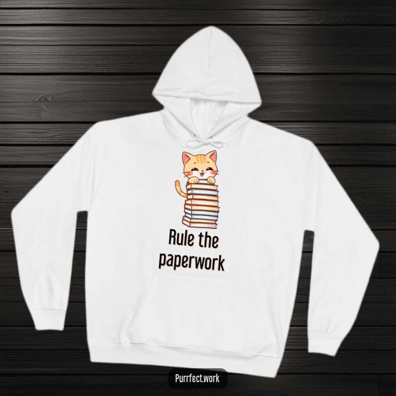 Funny hoodie featuring a mischievous cat grinning while climbing a stack of files, great for cozy and fun vibes.